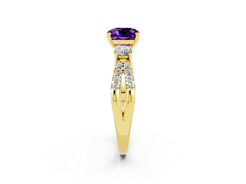 Yellow gold Cushion Cut Amethyst Three-Stone Ring with Pavé Split Shank and Four-Prong Setting_14