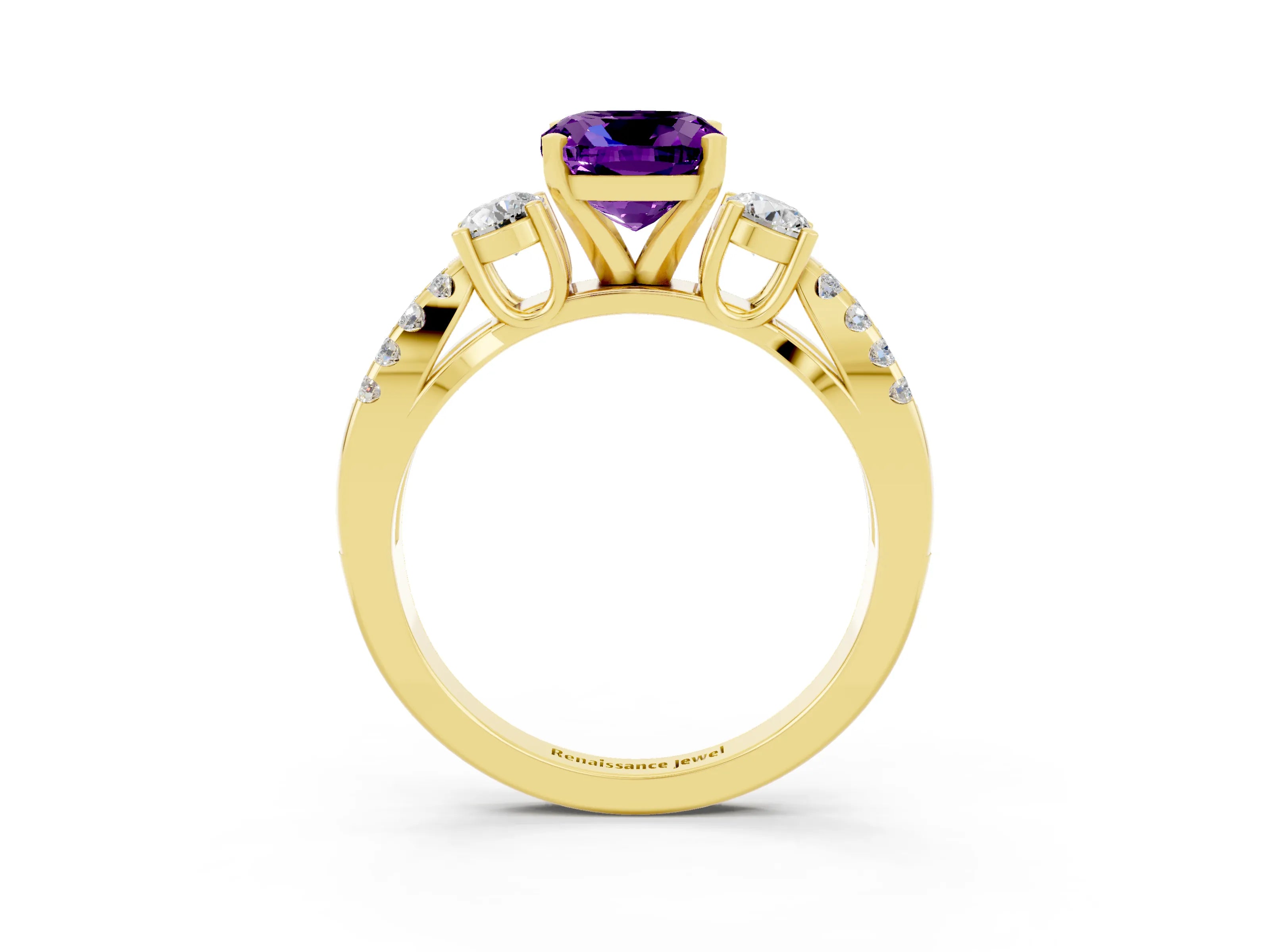 Yellow gold Cushion Cut Amethyst Three-Stone Ring with Pavé Split Shank and Four-Prong Setting_15