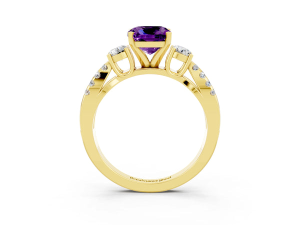 Yellow gold Cushion Cut Amethyst Three-Stone Ring with Pavé Split Shank and Four-Prong Setting