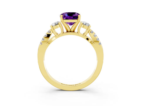 Yellow gold Cushion Cut Amethyst Three-Stone Ring with Pavé Split Shank and Four-Prong Setting_15