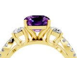 Yellow gold Cushion Cut Amethyst Three-Stone Ring with Pavé Split Shank and Four-Prong Setting_16