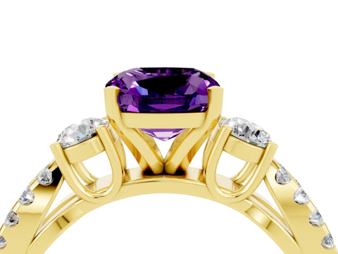 Yellow gold Cushion Cut Amethyst Three-Stone Ring with Pavé Split Shank and Four-Prong Setting_16