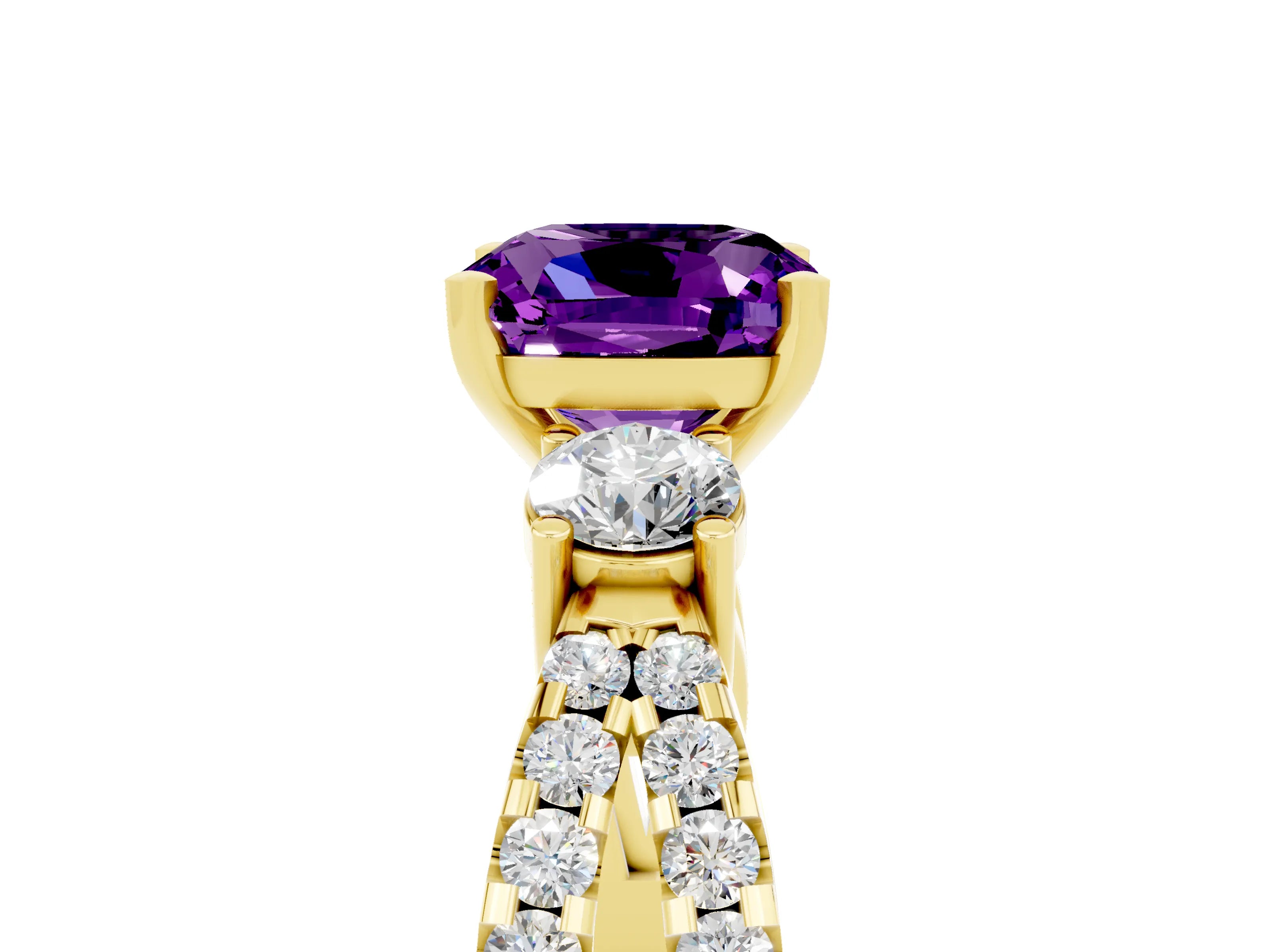 Yellow gold Cushion Cut Amethyst Three-Stone Ring with Pavé Split Shank and Four-Prong Setting_17