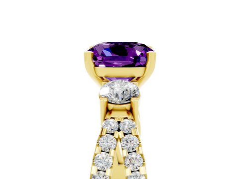 Yellow gold Cushion Cut Amethyst Three-Stone Ring with Pavé Split Shank and Four-Prong Setting_17