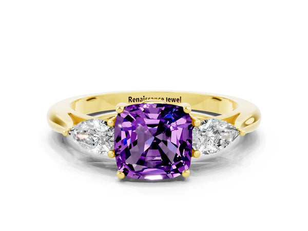 Yellow gold Cushion Cut Amethyst Three-Stone Ring with Pear Side Stones and Prong Setting