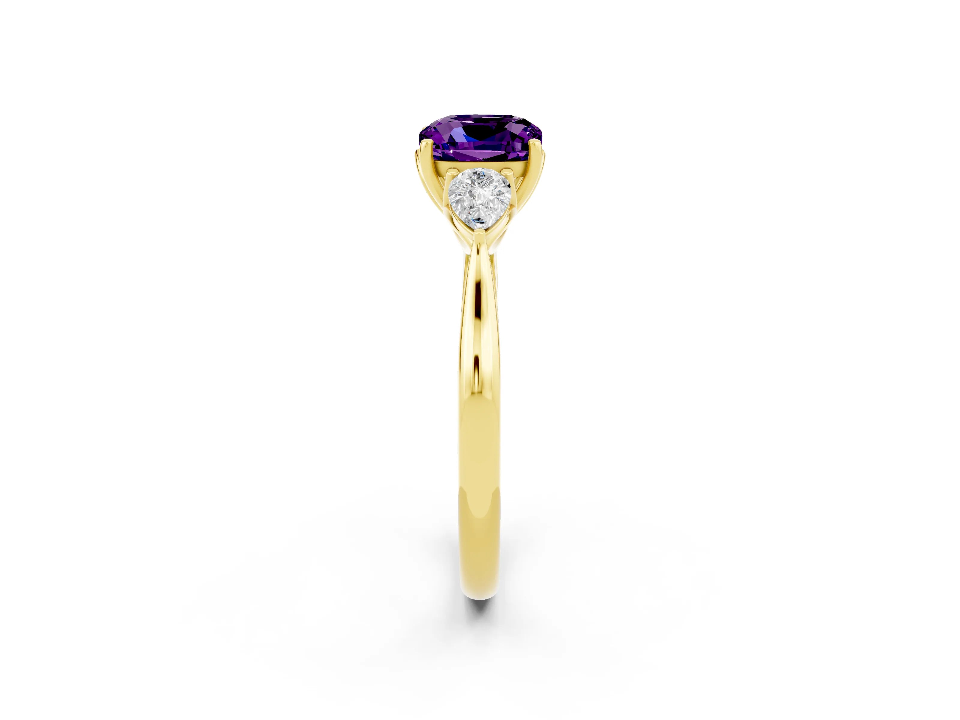 Yellow gold Cushion Cut Amethyst Three-Stone Ring with Pear Side Stones and Four-Prong Setting_14