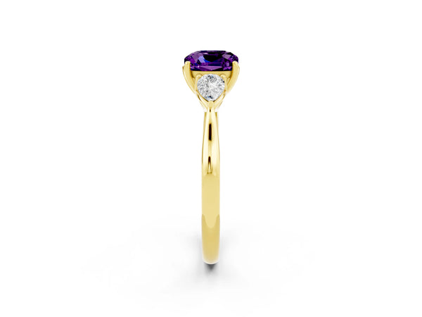 Yellow gold Cushion Cut Amethyst Three-Stone Ring with Pear Side Stones and Prong Setting
