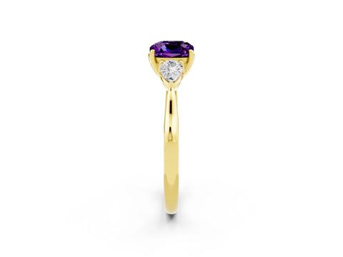 Yellow gold Cushion Cut Amethyst Three-Stone Ring with Pear Side Stones and Four-Prong Setting_14