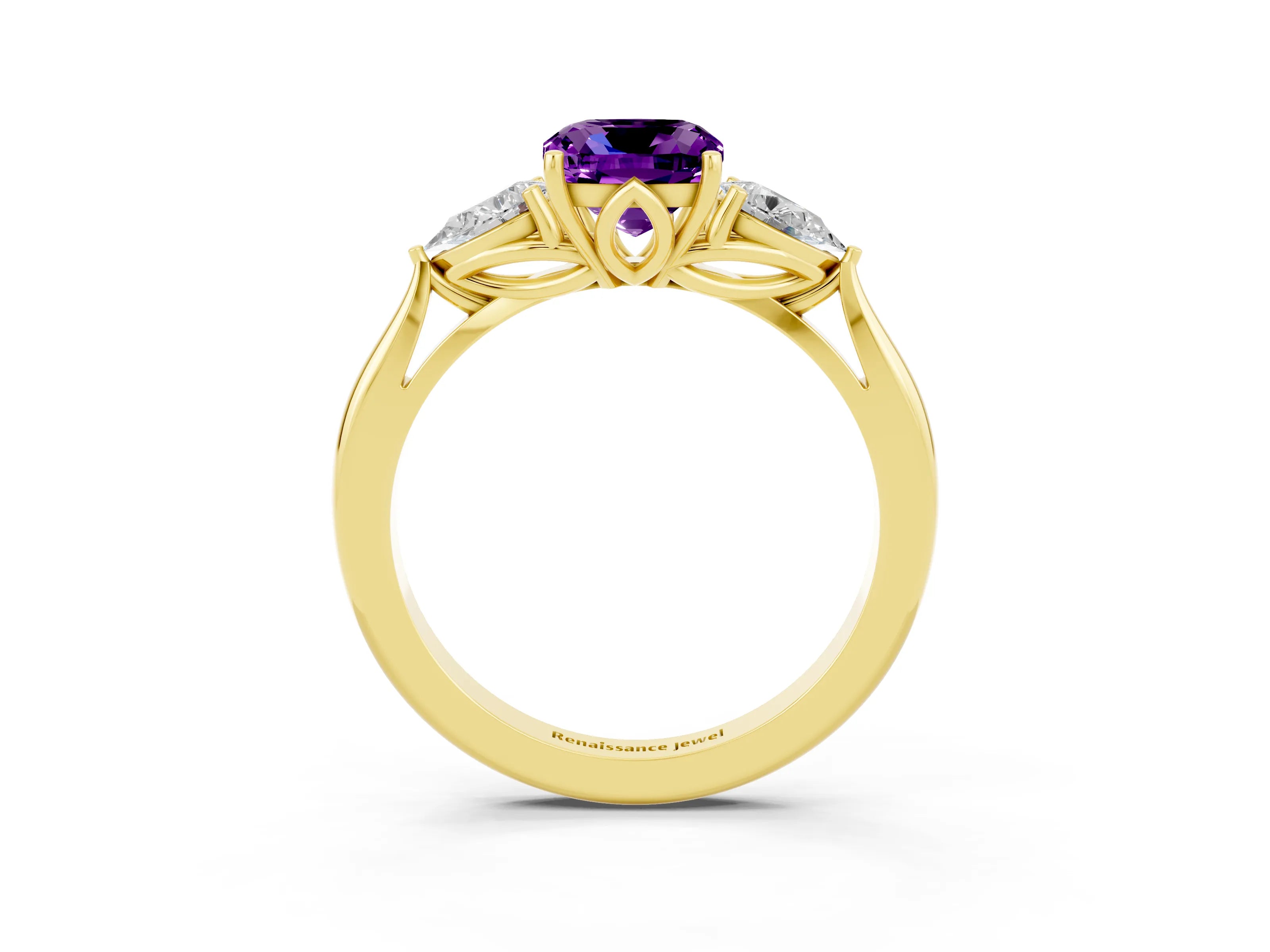 Yellow gold Cushion Cut Amethyst Three-Stone Ring with Pear Side Stones and Four-Prong Setting_15