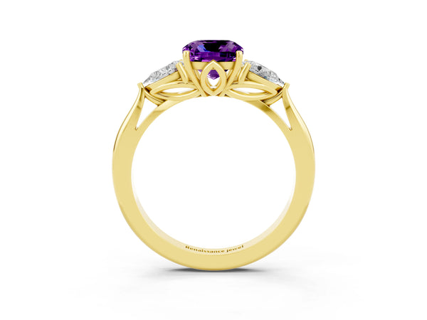 Yellow gold Cushion Cut Amethyst Three-Stone Ring with Pear Side Stones and Prong Setting