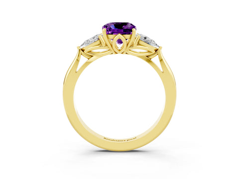 Yellow gold Cushion Cut Amethyst Three-Stone Ring with Pear Side Stones and Four-Prong Setting_15