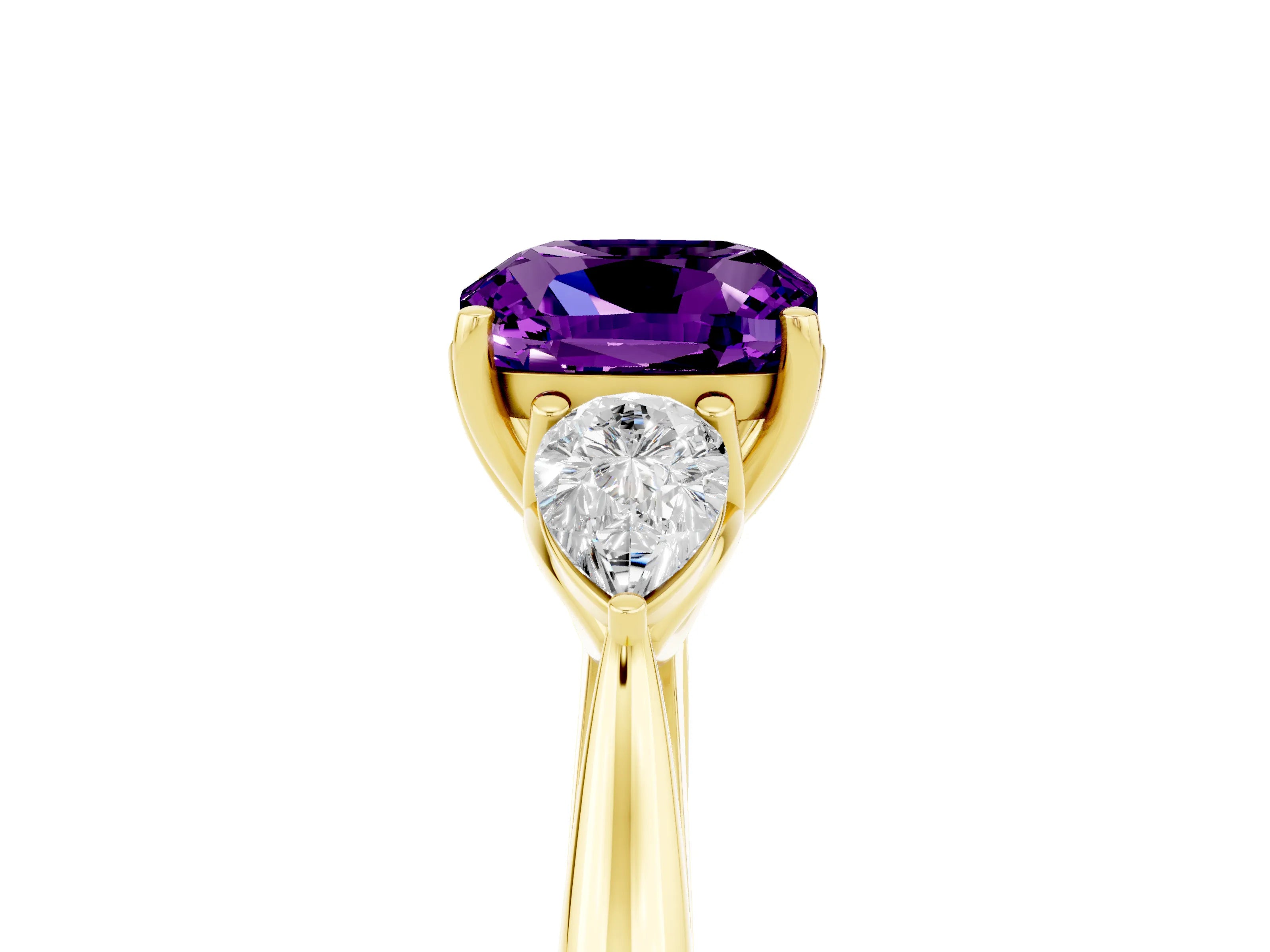 Yellow gold Cushion Cut Amethyst Three-Stone Ring with Pear Side Stones and Four-Prong Setting_17
