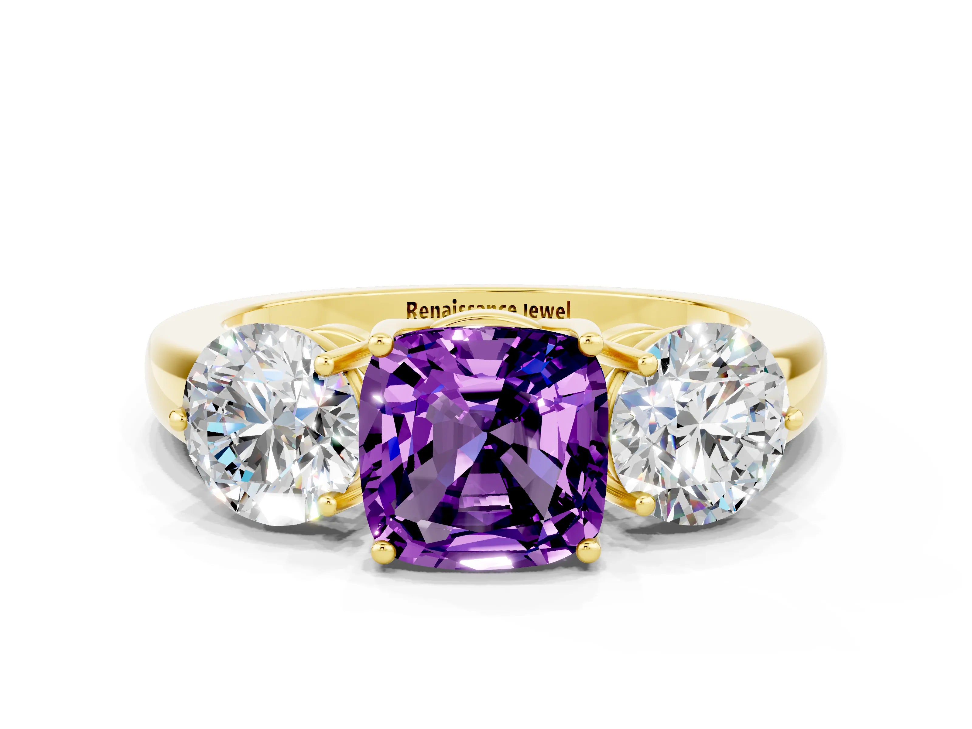 Yellow gold Cushion Cut Amethyst Three-Stone Ring with Prong Setting and Classic Band