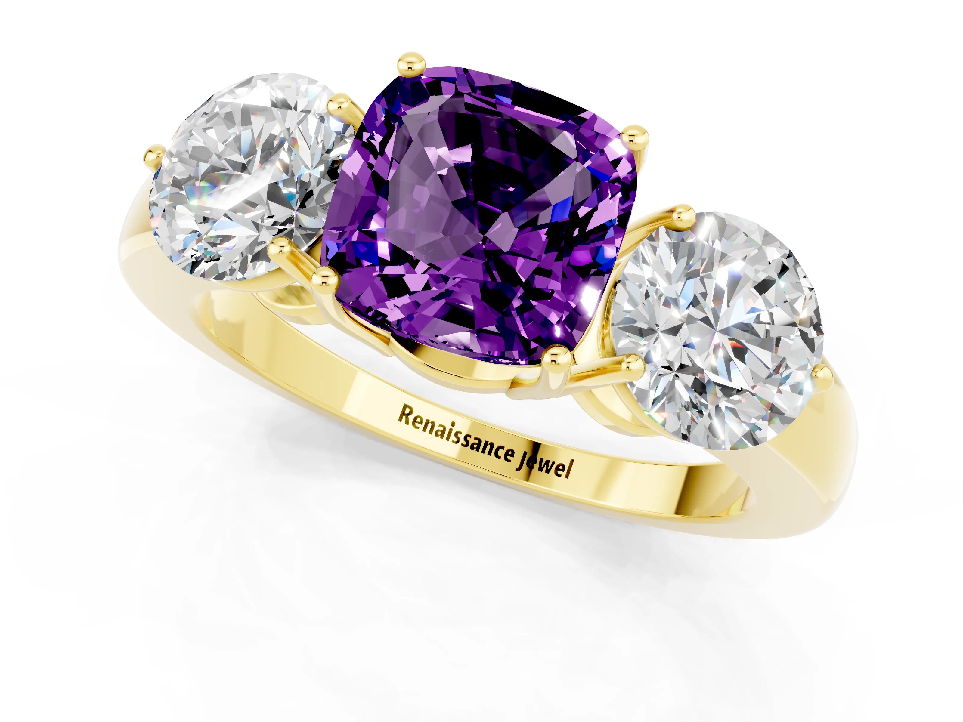 Yellow gold Cushion Cut Amethyst Three-Stone Ring with Prong Setting and Classic Band_1
