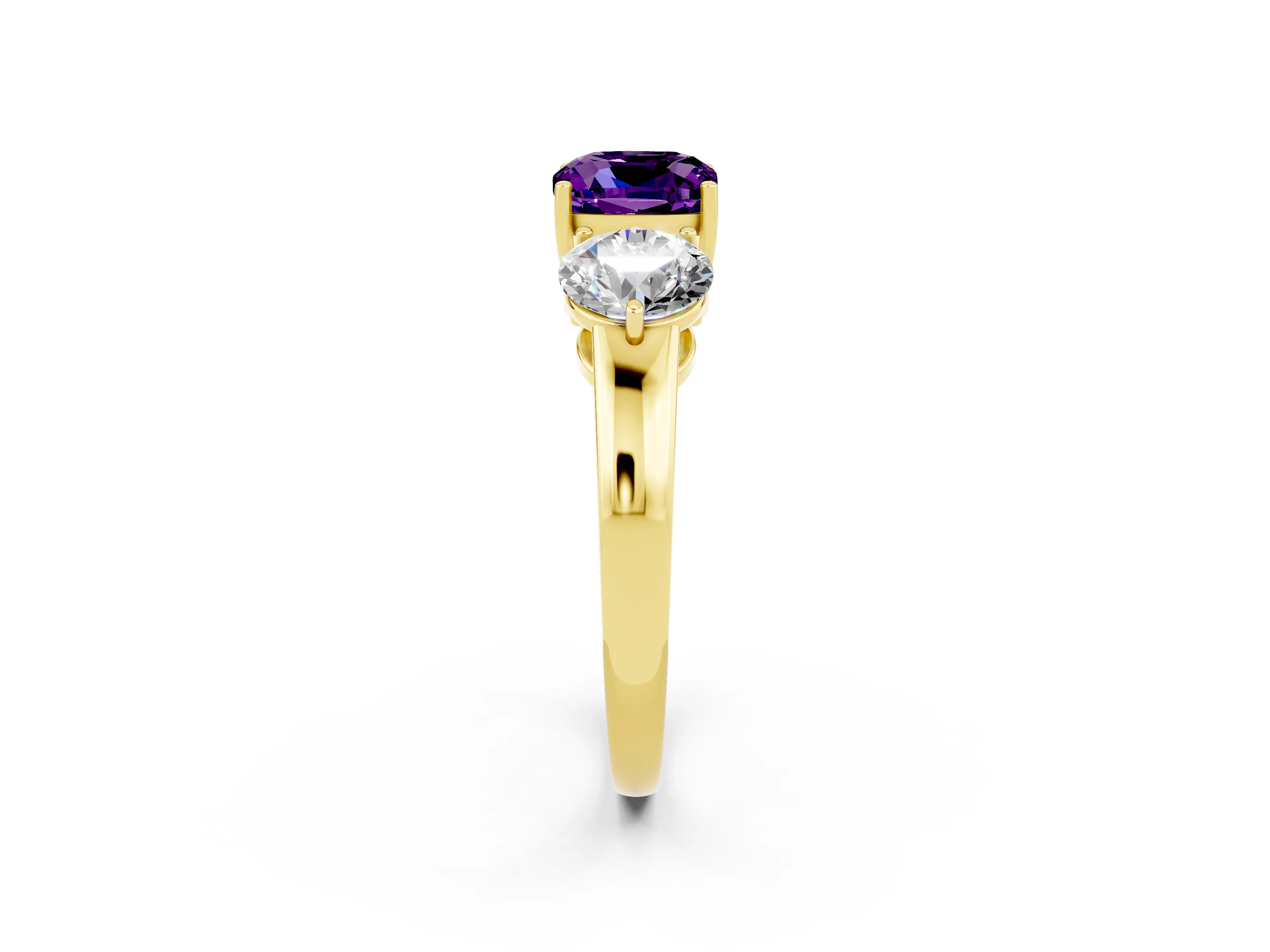 Yellow gold Cushion Cut Amethyst Three-Stone Ring with Prong Setting and Classic Band_2