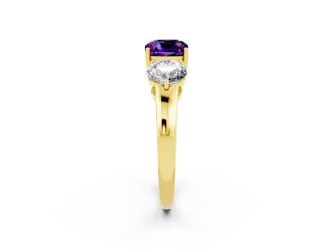 Yellow gold Cushion Cut Amethyst Three-Stone Ring with Prong Setting and Classic Band_2
