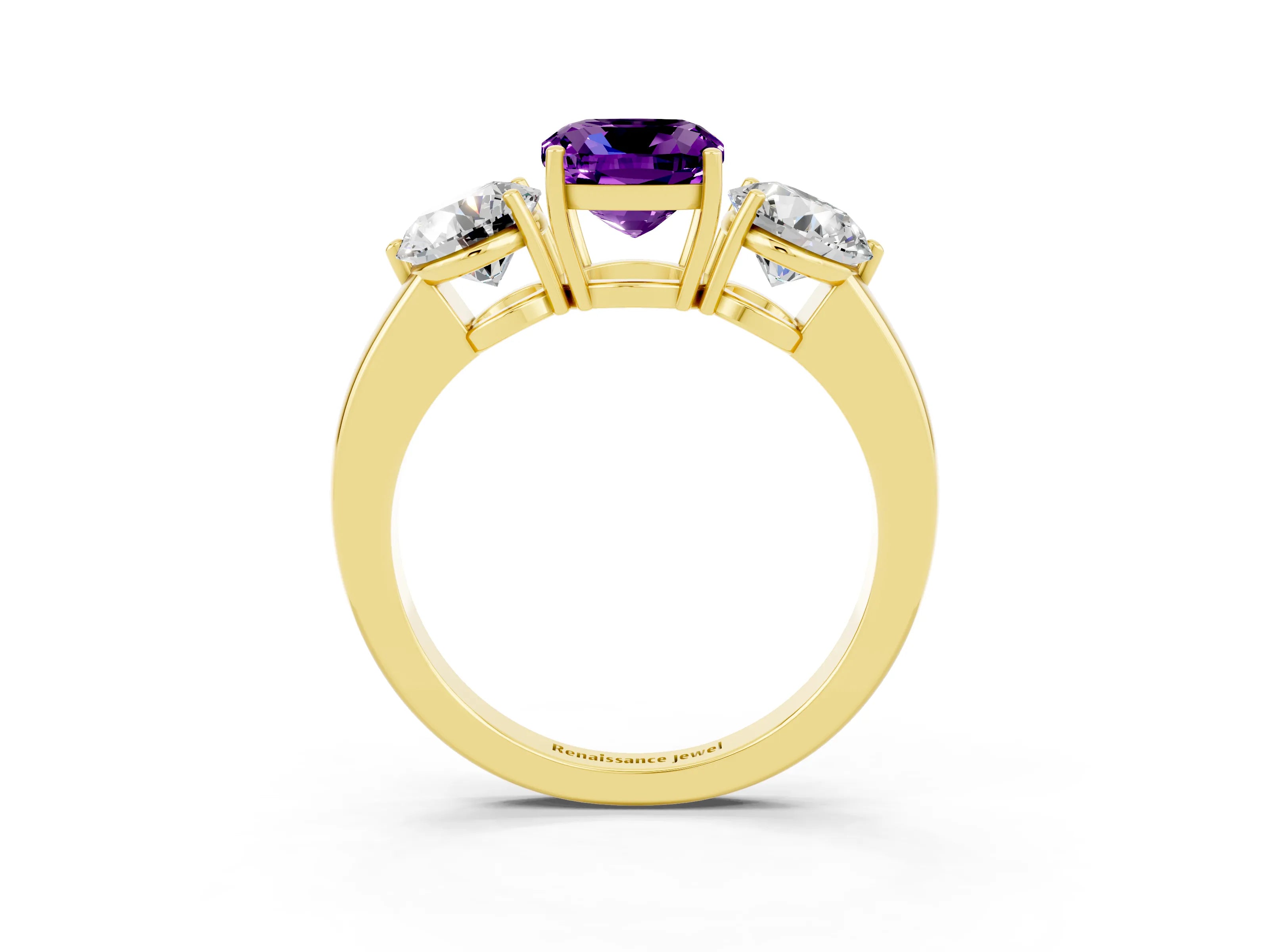 Yellow gold Cushion Cut Amethyst Three-Stone Ring with Prong Setting and Classic Band_3