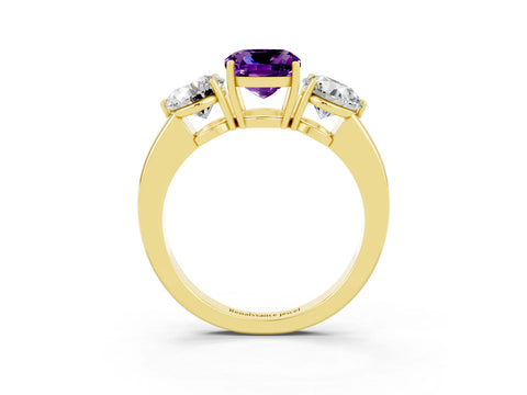 Yellow gold Cushion Cut Amethyst Three-Stone Ring with Prong Setting and Classic Band_3