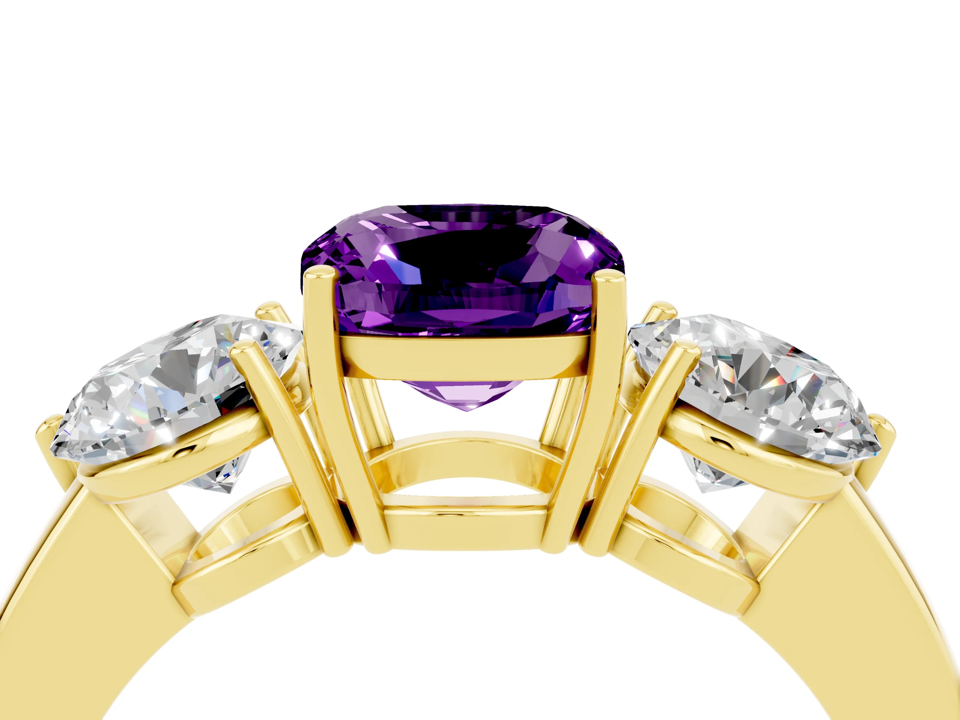 Yellow gold Cushion Cut Amethyst Three-Stone Ring with Prong Setting and Classic Band_4