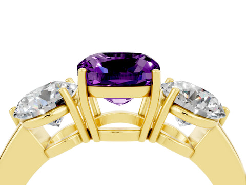Yellow gold Cushion Cut Amethyst Three-Stone Ring with Prong Setting and Classic Band_4