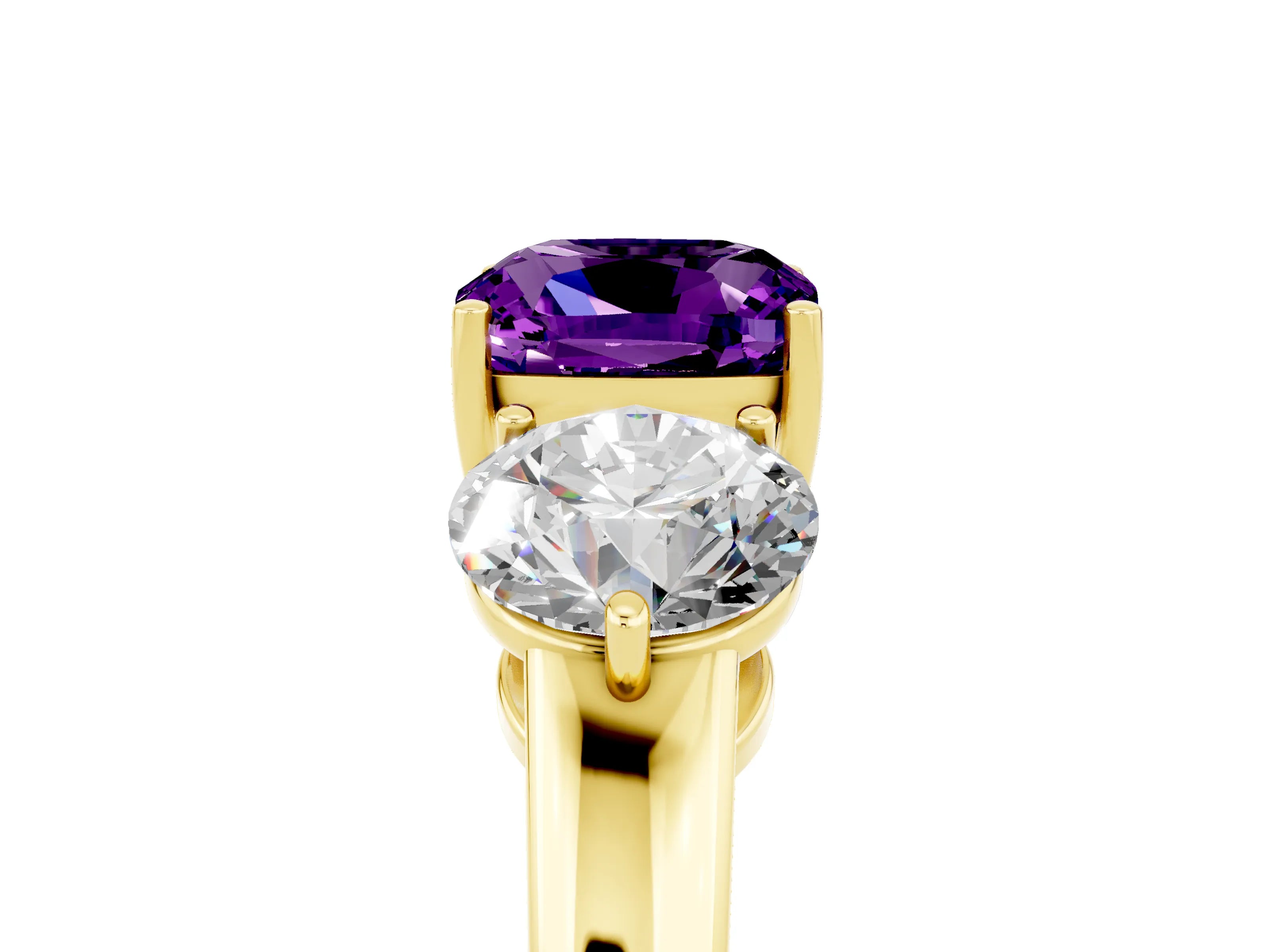 Yellow gold Cushion Cut Amethyst Three-Stone Ring with Prong Setting and Classic Band_5