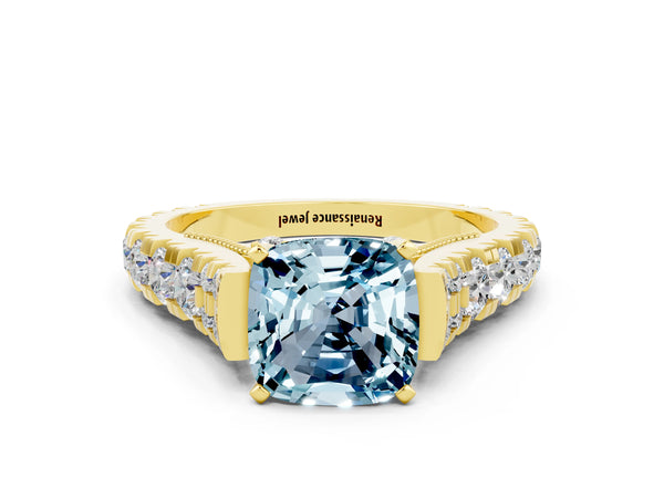 Yellow gold Cushion Cut Aquamarine Classic Solitaire Ring with Pavé Band and Four-Prong Setting