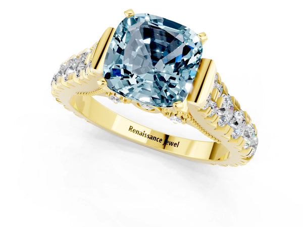 Yellow gold Cushion Cut Aquamarine Classic Solitaire Ring with Pavé Band and Four-Prong Setting