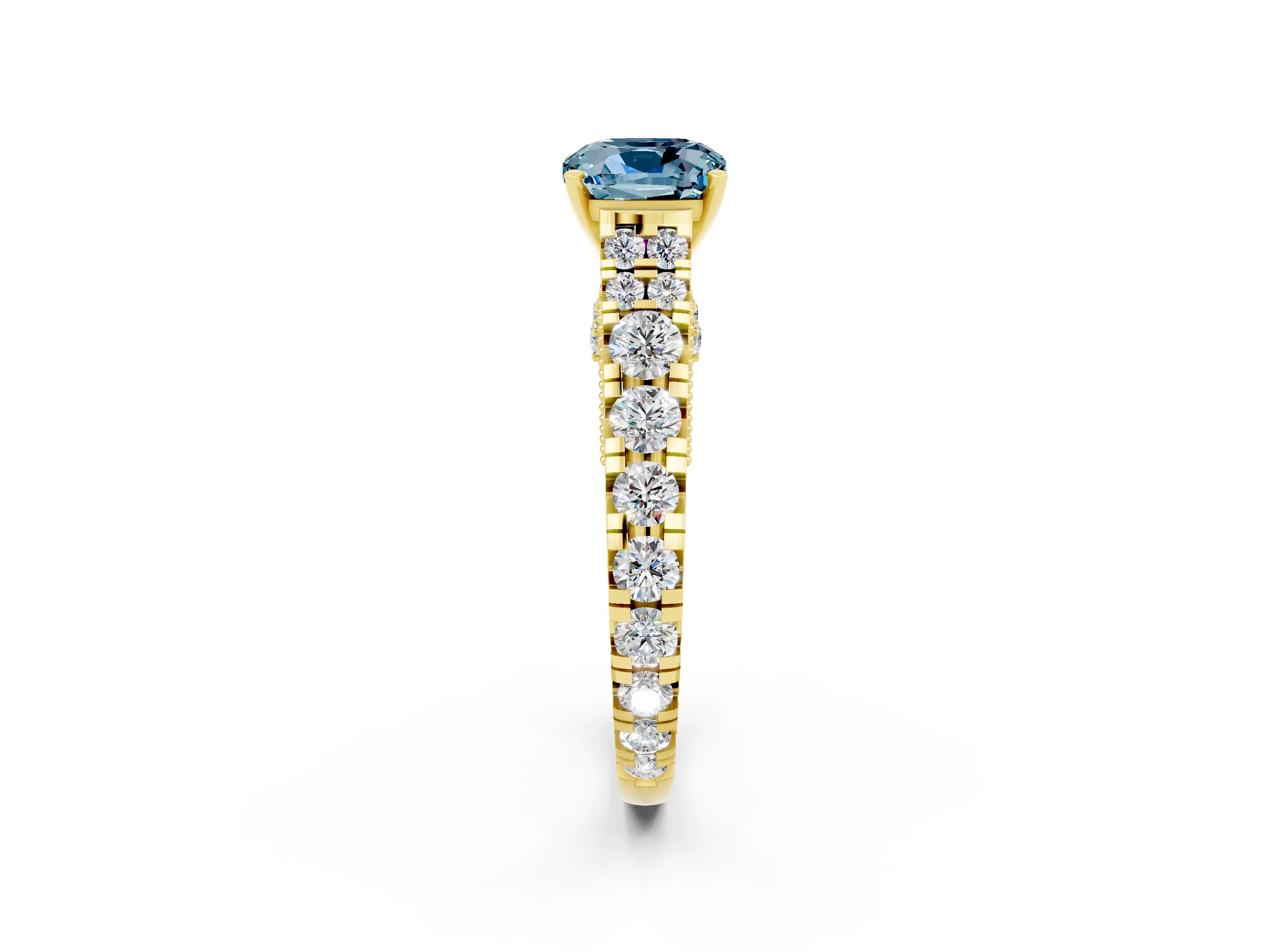 Yellow gold Cushion Cut Aquamarine Classic Solitaire Ring with Pavé Band and Four-Prong Setting_2