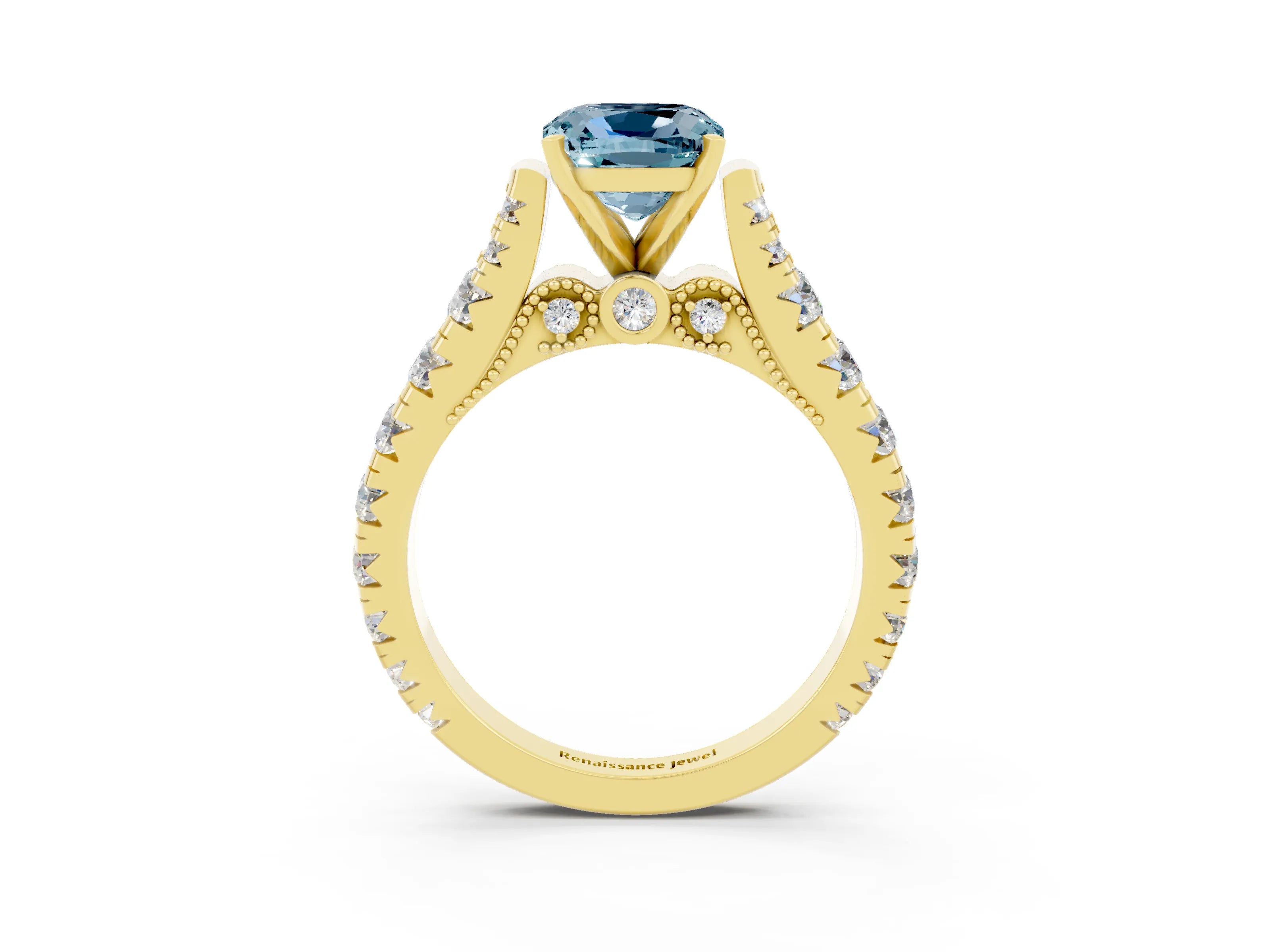 Yellow gold Cushion Cut Aquamarine Classic Solitaire Ring with Pavé Band and Four-Prong Setting_3