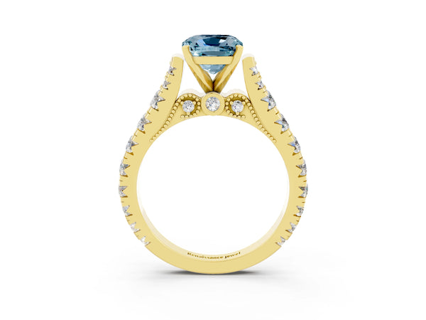 Yellow gold Cushion Cut Aquamarine Classic Solitaire Ring with Pavé Band and Four-Prong Setting