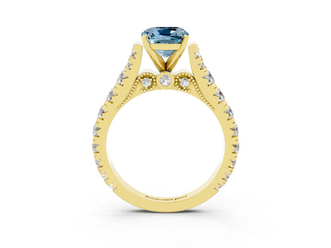 Yellow gold Cushion Cut Aquamarine Classic Solitaire Ring with Pavé Band and Four-Prong Setting_3