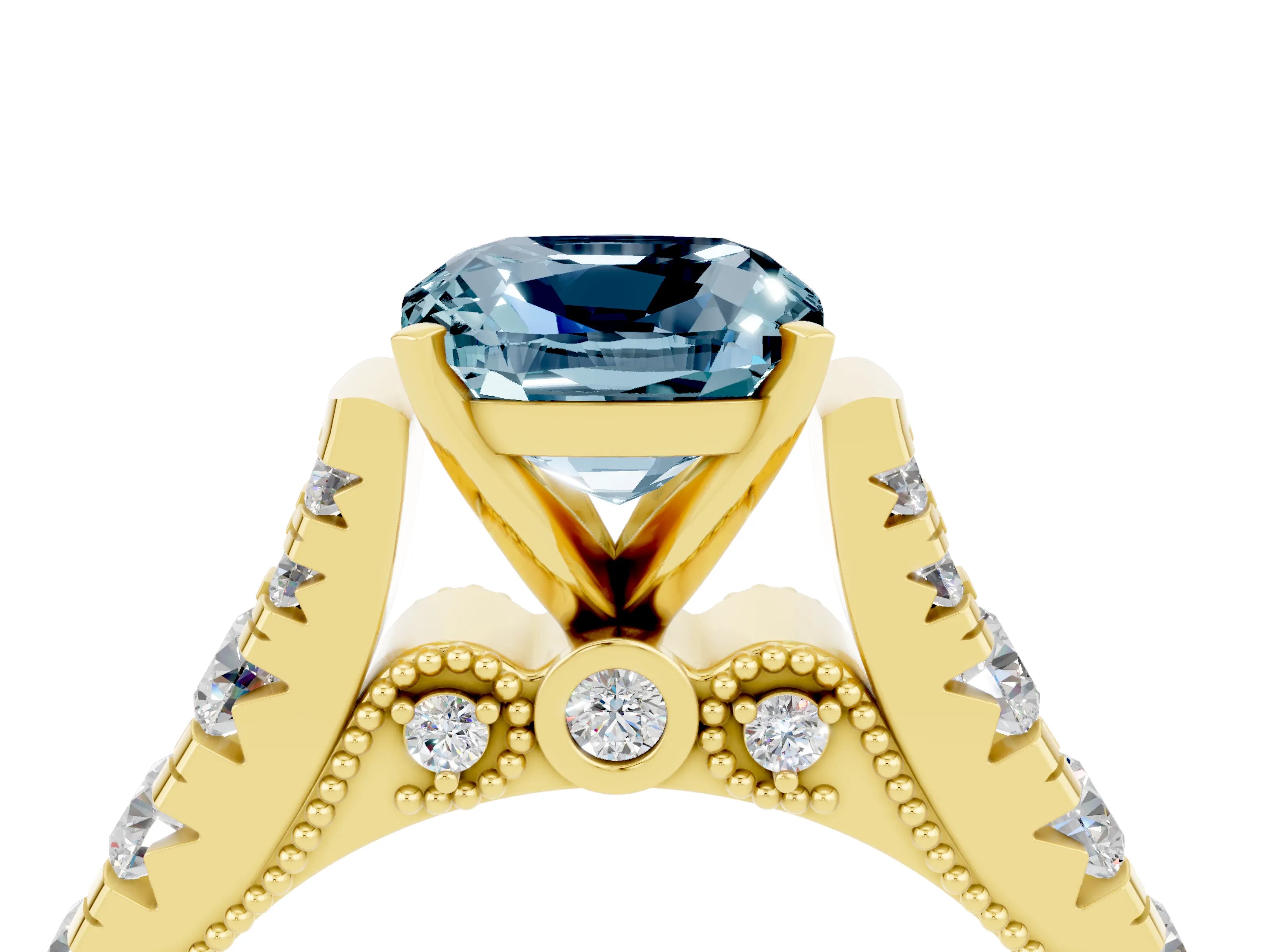 Yellow gold Cushion Cut Aquamarine Classic Solitaire Ring with Pavé Band and Four-Prong Setting_4