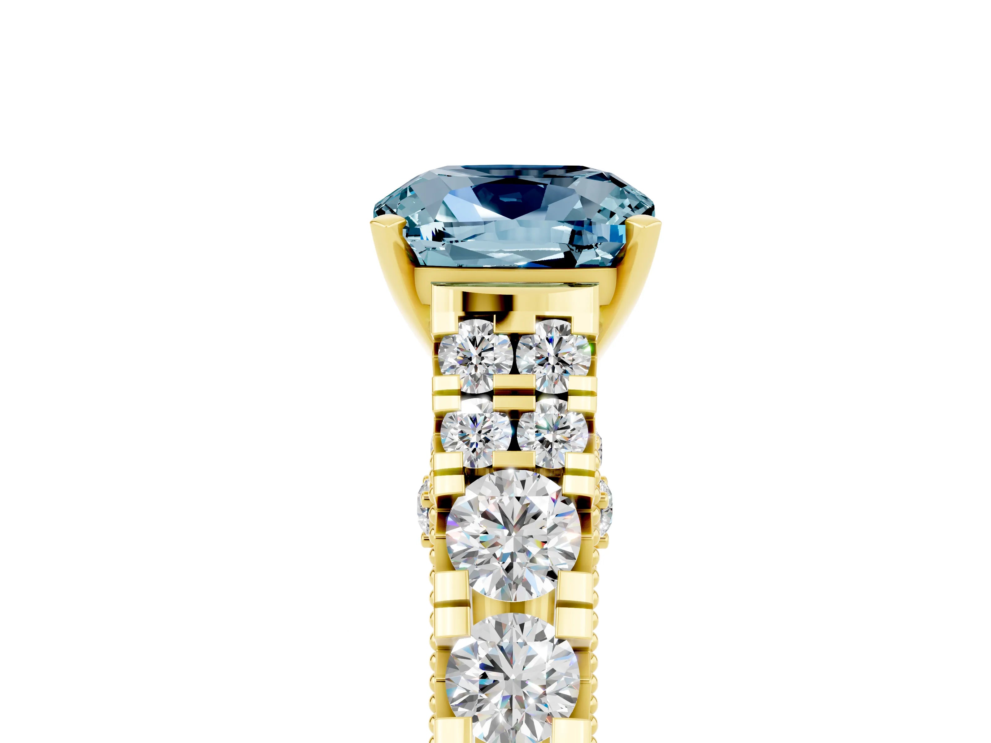 Yellow gold Cushion Cut Aquamarine Classic Solitaire Ring with Pavé Band and Four-Prong Setting_5