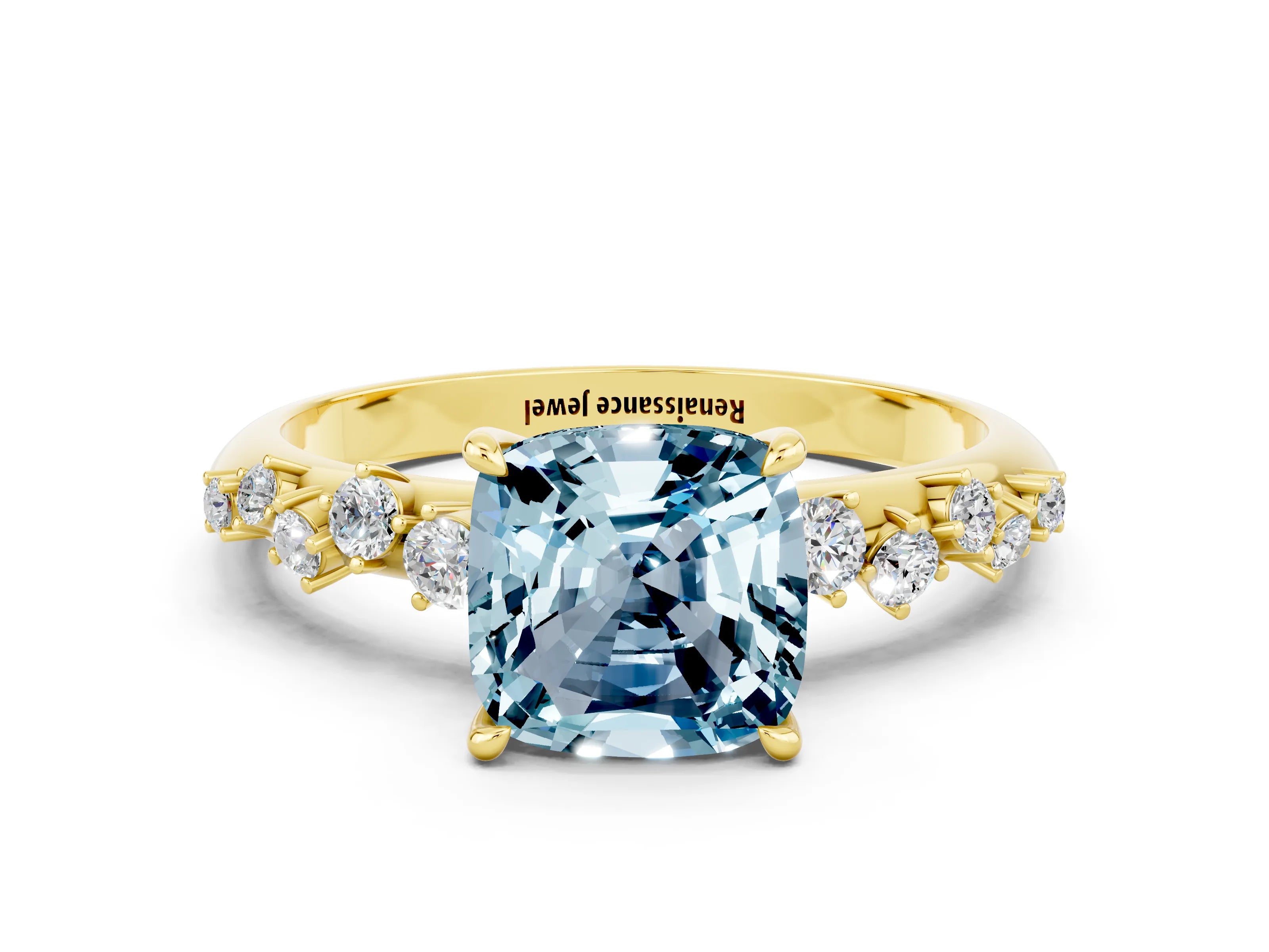 Yellow gold Cushion Cut Aquamarine Cluster Side Stone Solitaire Ring with Prong Setting_24