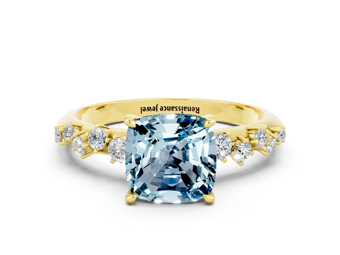 Yellow gold Cushion Cut Aquamarine Cluster Side Stone Solitaire Ring with Prong Setting_24