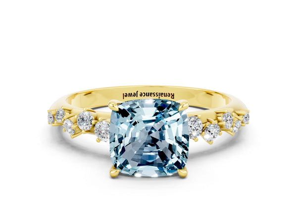 Yellow gold Cushion Cut Aquamarine Cluster Side Stone Solitaire Ring with Prong Setting