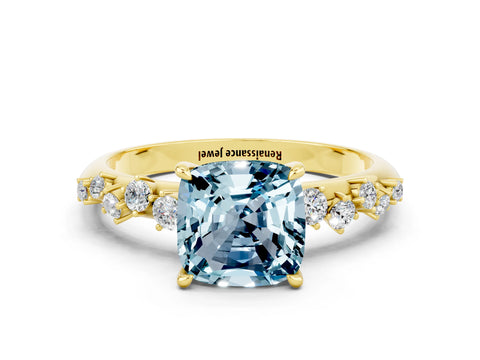 Yellow gold Cushion Cut Aquamarine Cluster Side Stone Solitaire Ring with Prong Setting_24
