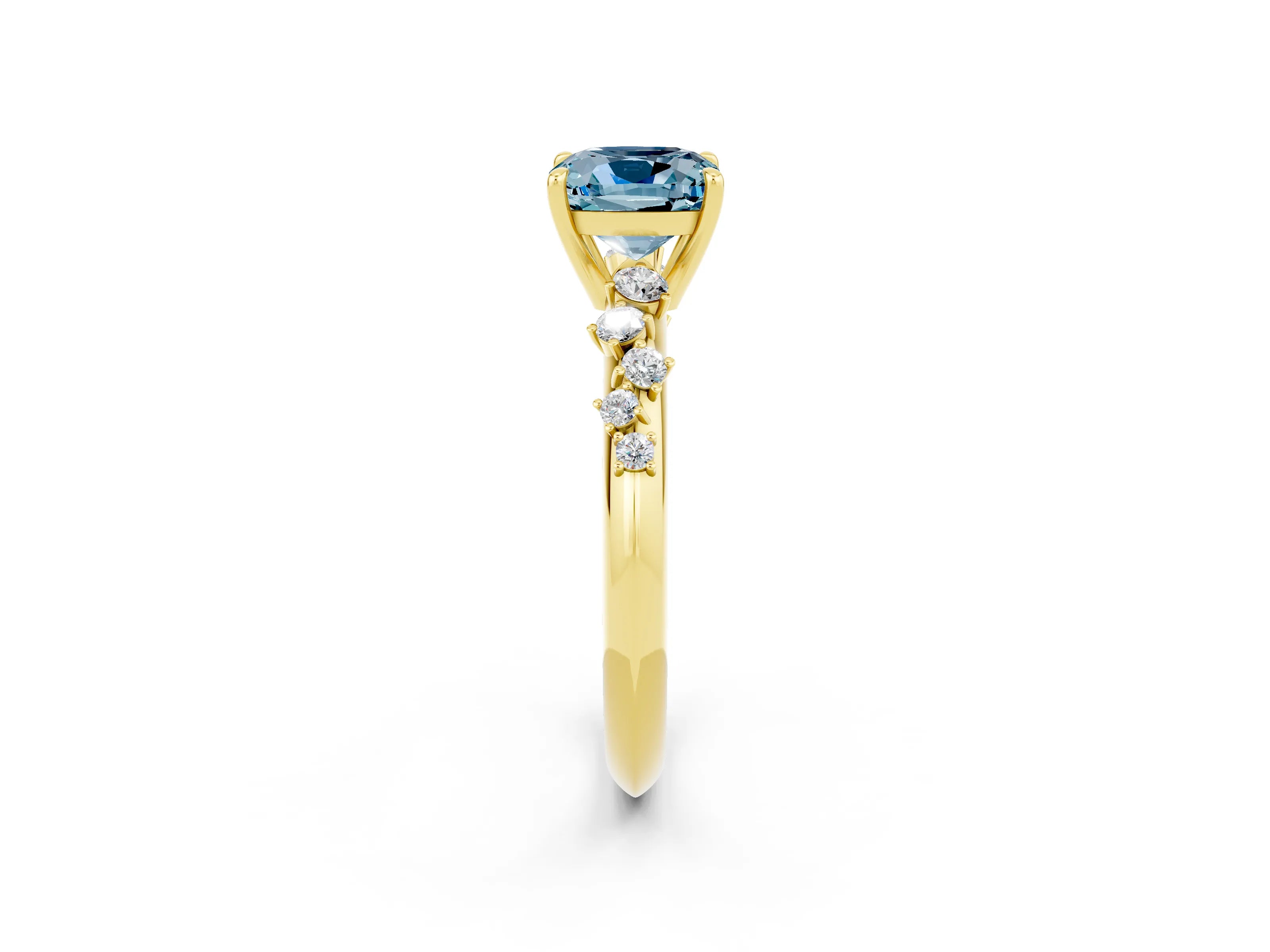 Yellow gold Cushion Cut Aquamarine Cluster Side Stone Solitaire Ring with Prong Setting_26