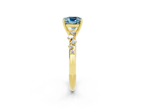 Yellow gold Cushion Cut Aquamarine Cluster Side Stone Solitaire Ring with Prong Setting
