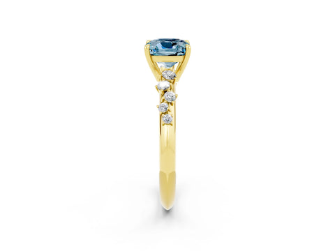 Yellow gold Cushion Cut Aquamarine Cluster Side Stone Solitaire Ring with Prong Setting_26