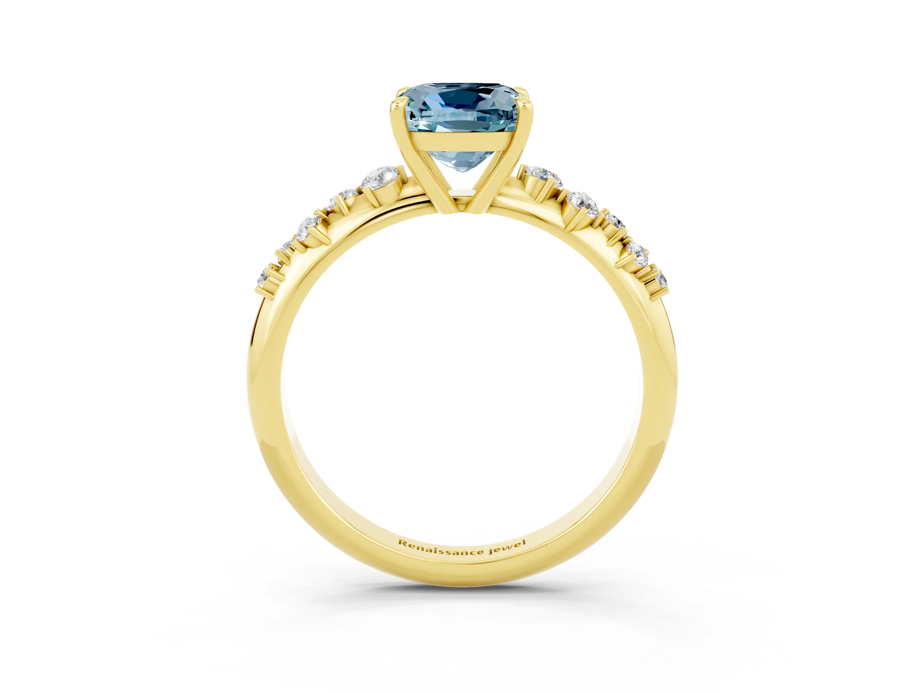 Yellow gold Cushion Cut Aquamarine Cluster Side Stone Solitaire Ring with Prong Setting_27