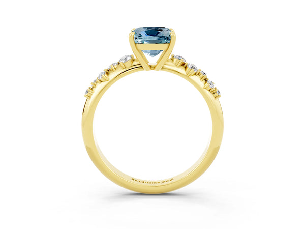Yellow gold Cushion Cut Aquamarine Cluster Side Stone Solitaire Ring with Prong Setting
