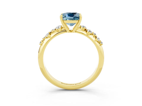 Yellow gold Cushion Cut Aquamarine Cluster Side Stone Solitaire Ring with Prong Setting_27