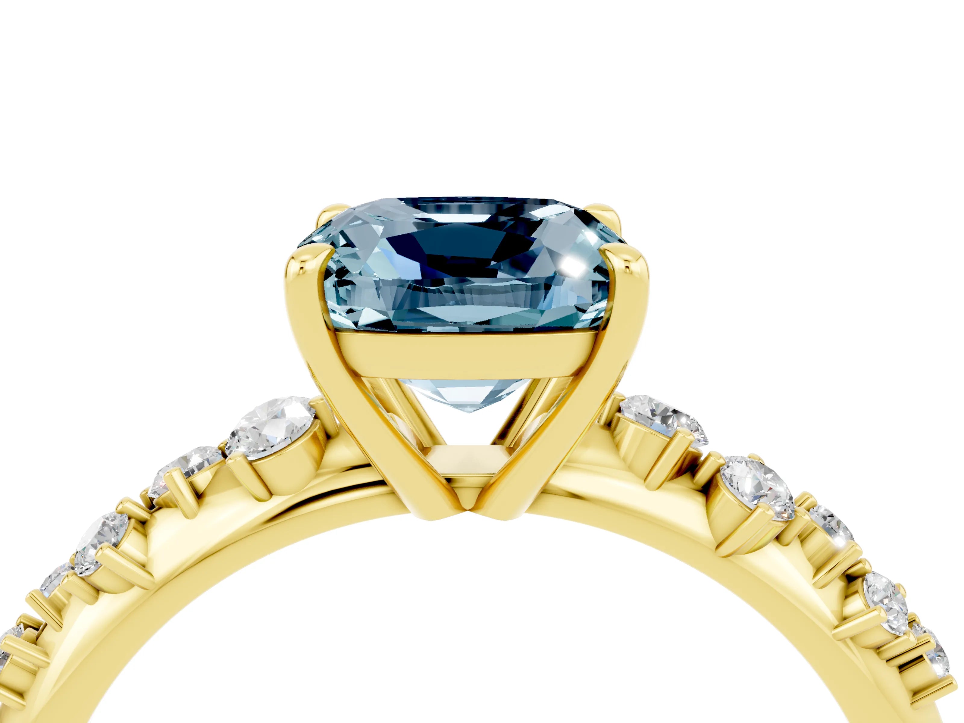 Yellow gold Cushion Cut Aquamarine Cluster Side Stone Solitaire Ring with Prong Setting_28
