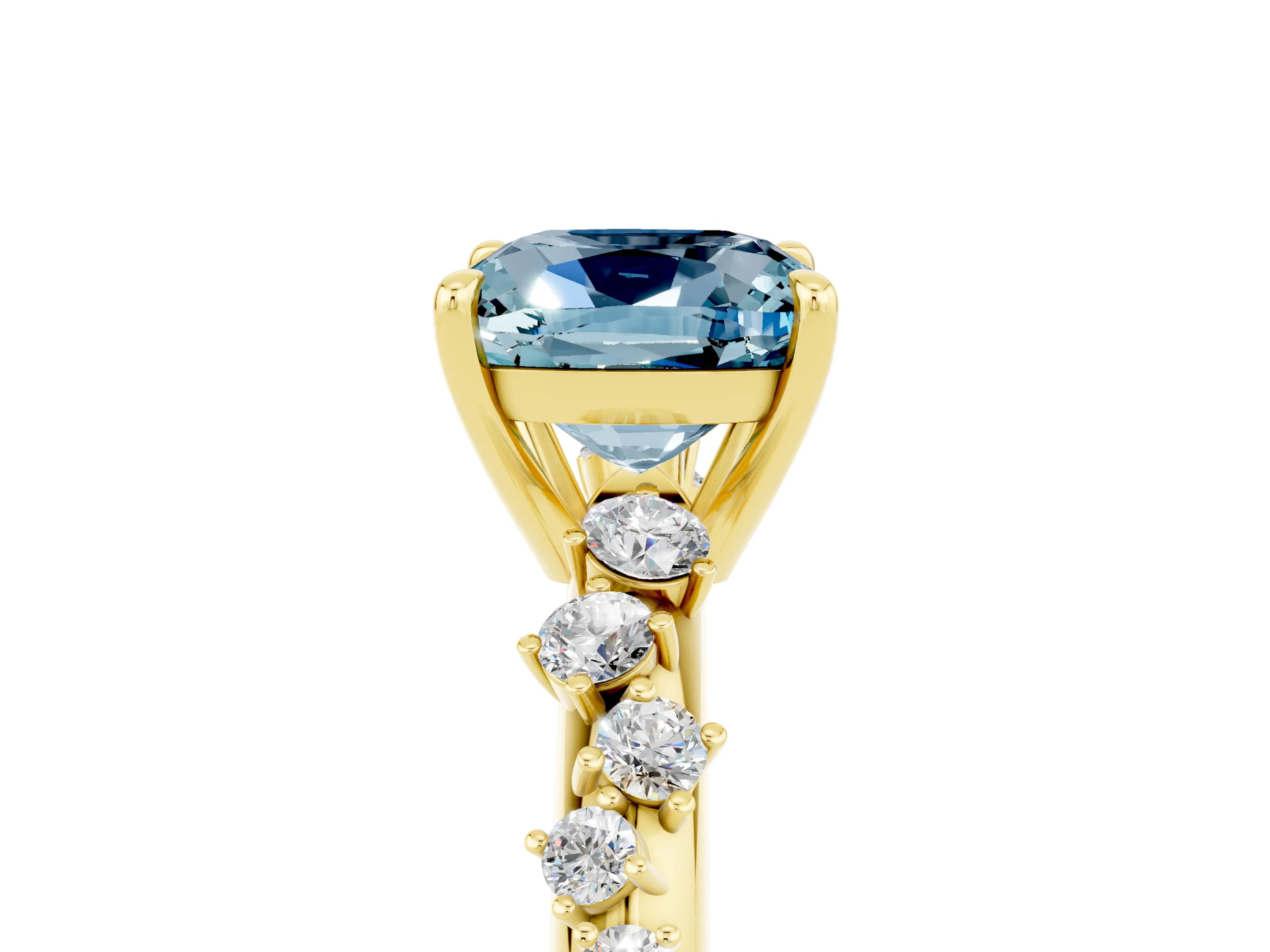 Yellow gold Cushion Cut Aquamarine Cluster Side Stone Solitaire Ring with Prong Setting_29