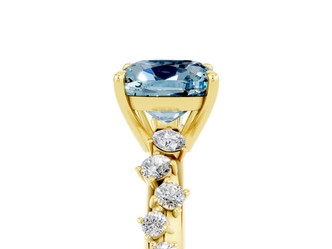 Yellow gold Cushion Cut Aquamarine Cluster Side Stone Solitaire Ring with Prong Setting_29