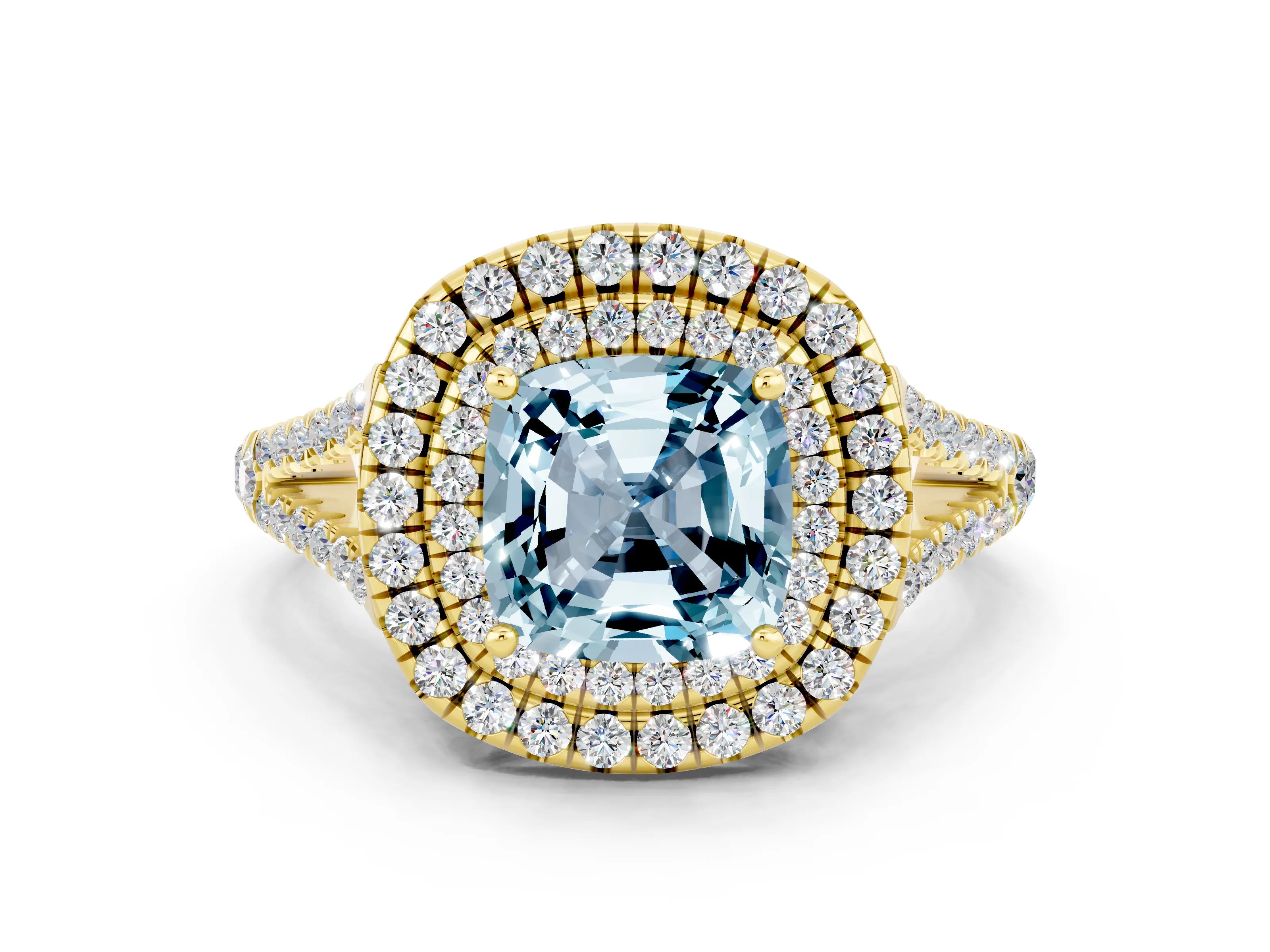 Yellow gold Cushion Cut Aquamarine Double Halo Ring with Pavé Band and Prong Setting_12