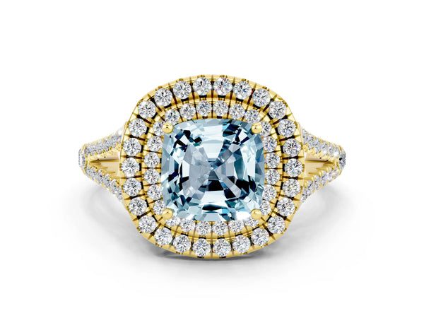 Yellow gold Cushion Cut Aquamarine Double Halo Ring with Pavé Band and Prong Setting