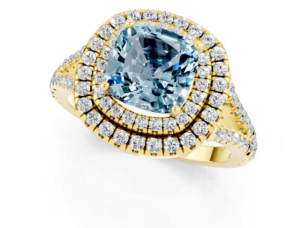 Yellow gold Cushion Cut Aquamarine Double Halo Ring with Pavé Band and Prong Setting