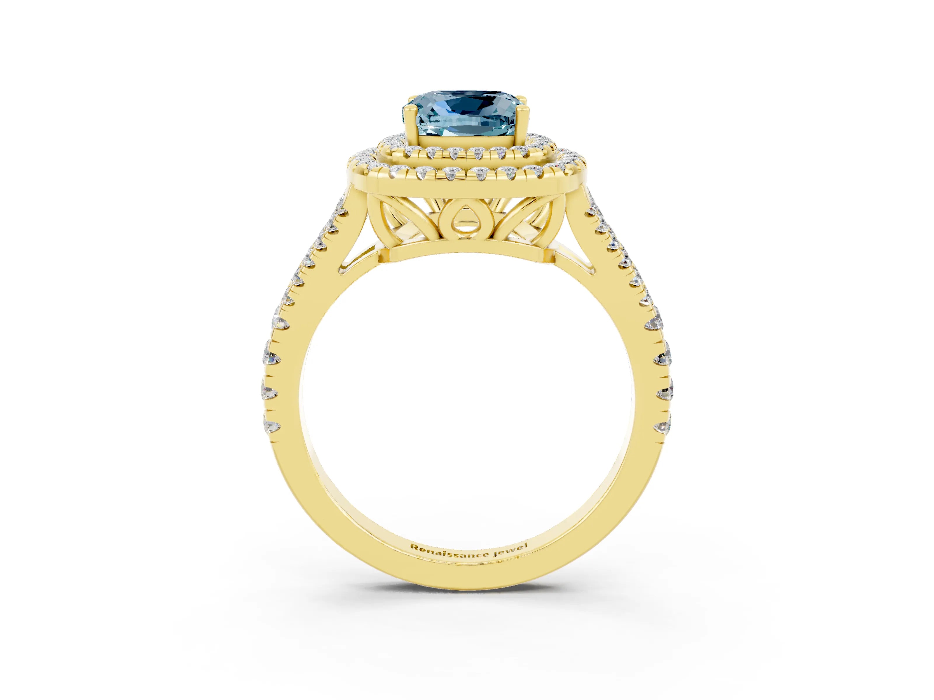 Yellow gold Cushion Cut Aquamarine Double Halo Ring with Pavé Band and Prong Setting_15